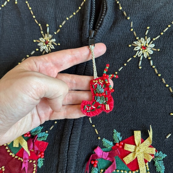 Vintage Christmas Stocking Boot Beaded Cardigan Sweater - Picture 5 of 6